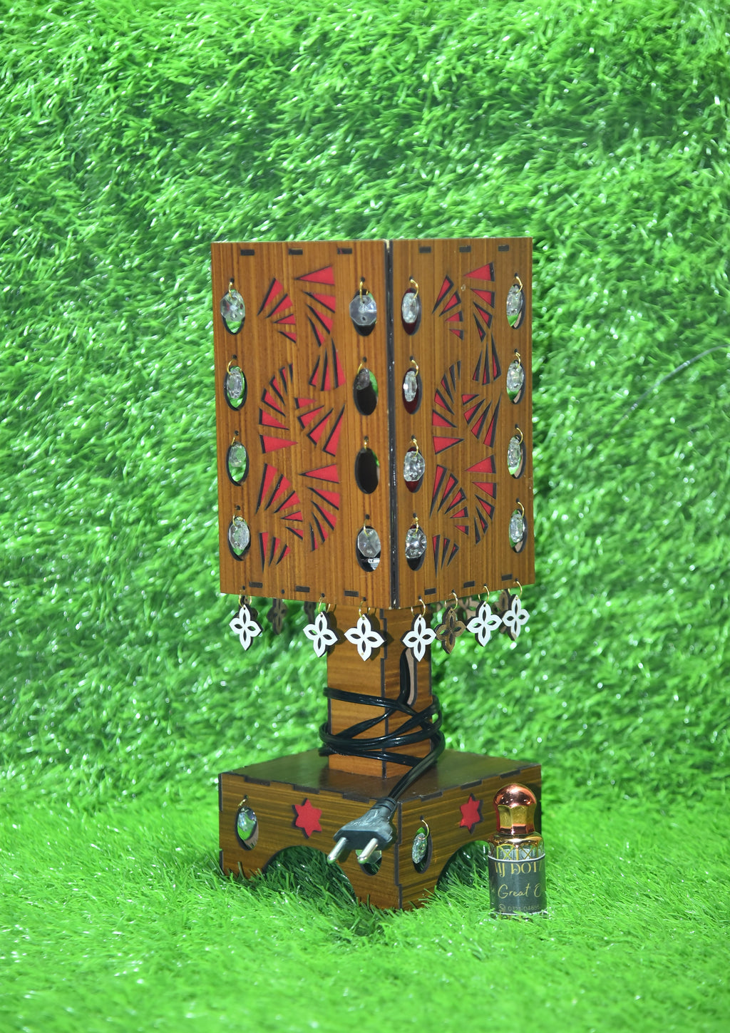 Buy 1 Handcrafted Geometric Fan Wooden Lamp, Get 1 Attar Bottle FREE! (Limited Time Offer)